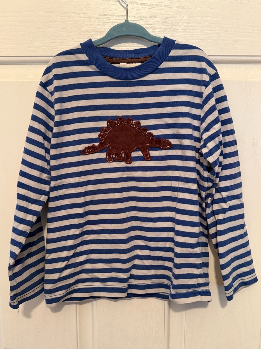 Boden Blue & White Striped Long-Sleeve Top with Brown Dino Applique